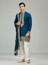 Teal blue royal embroidered men kurta suit