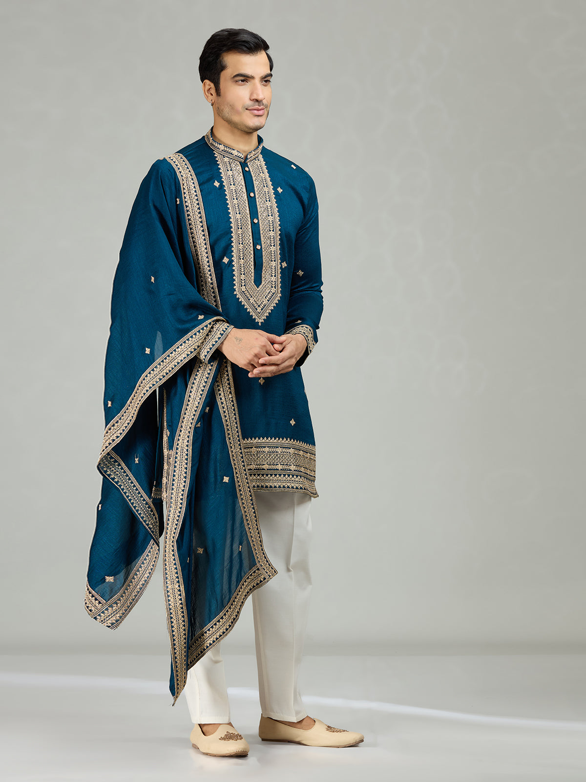 Teal blue royal embroidered men kurta suit