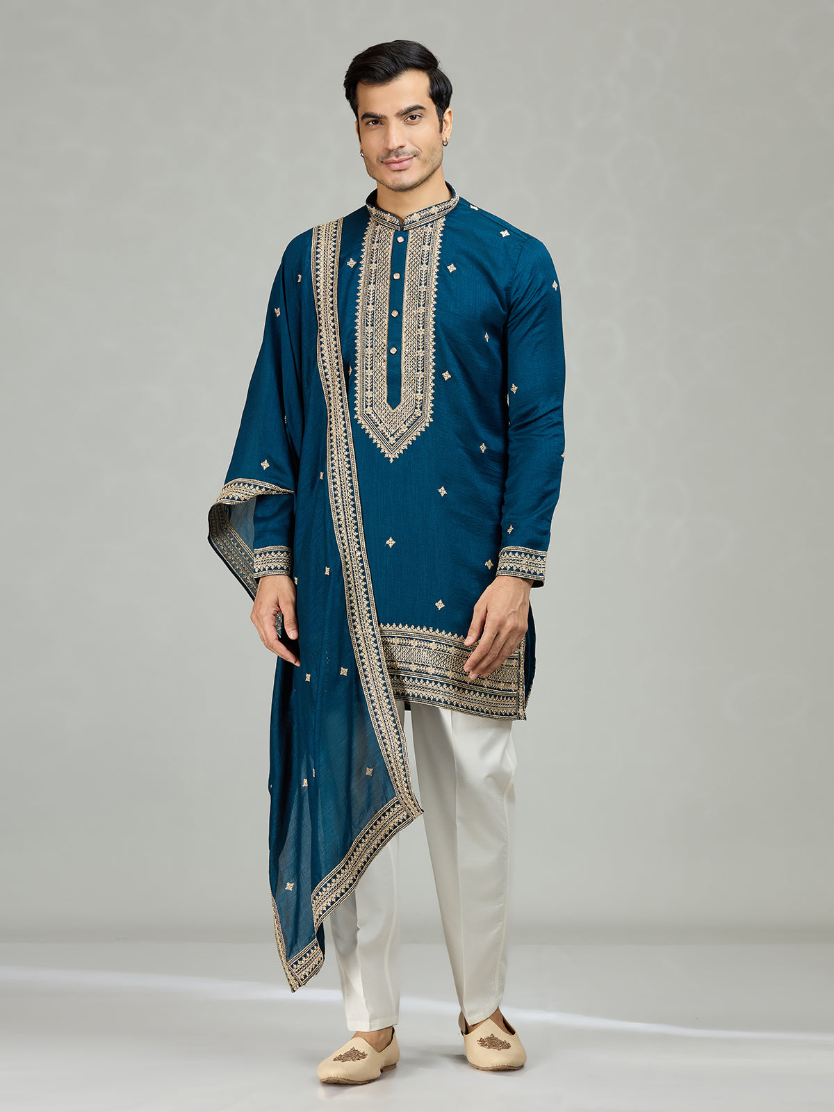 Teal blue royal embroidered men kurta suit
