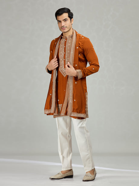 Rust orange statement embroidered men kurta suit