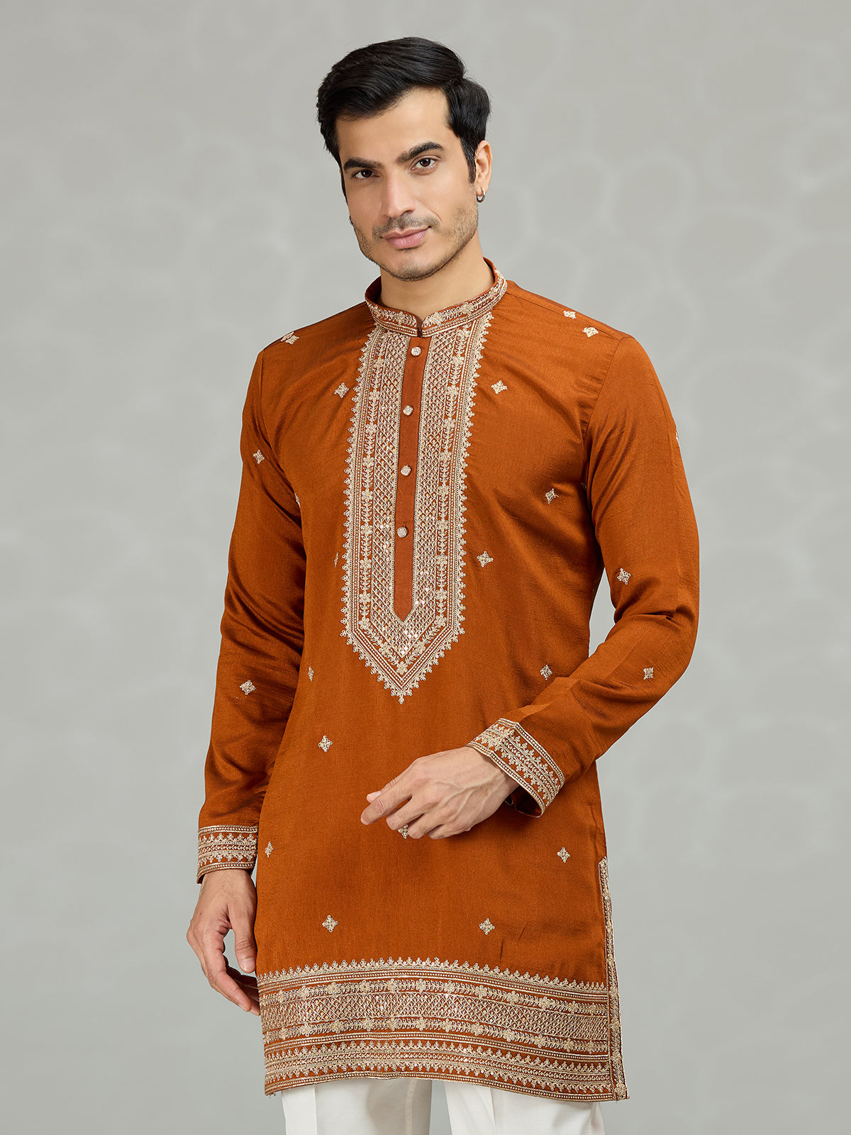 Rust orange statement embroidered men kurta suit