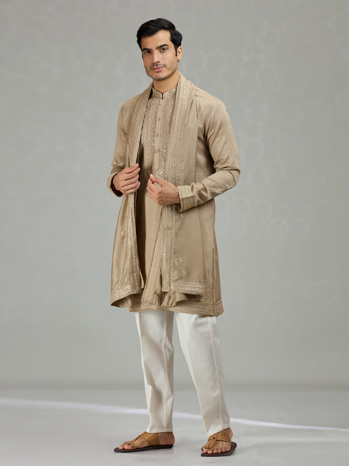 Dark beige classic embroidered men kurta suit