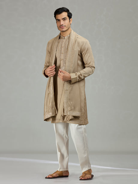 Dark beige classic embroidered men kurta suit