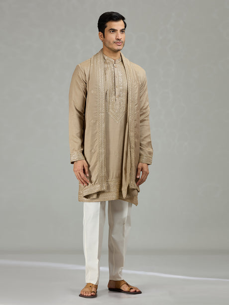 Dark beige classic embroidered men kurta suit