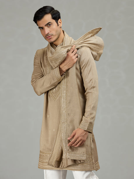 Dark beige classic embroidered men kurta suit