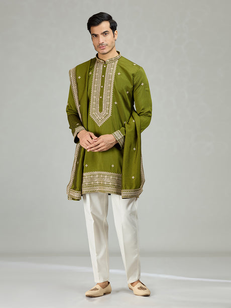 Mehendi green festive embroidered men kurta suit
