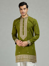 Mehendi green festive embroidered men kurta suit