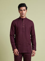 Wine linen silk mens short kurta with Chinese collar