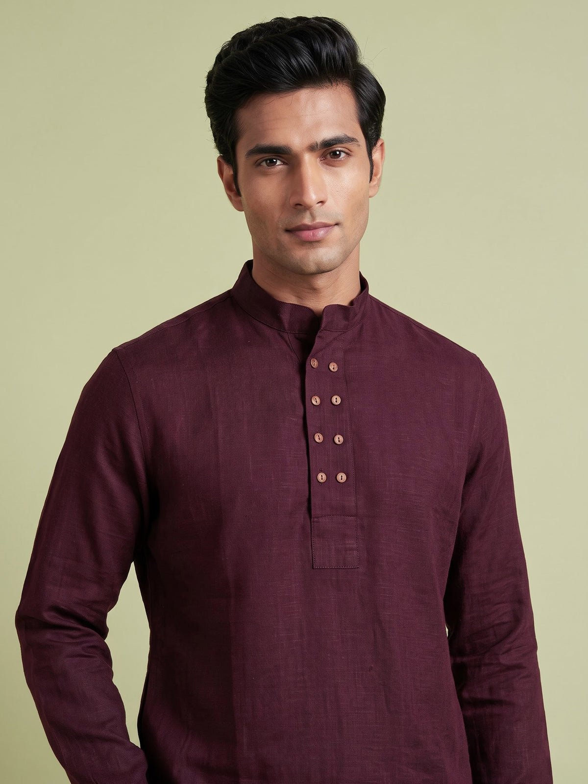 Wine linen silk mens short kurta with Chinese collar