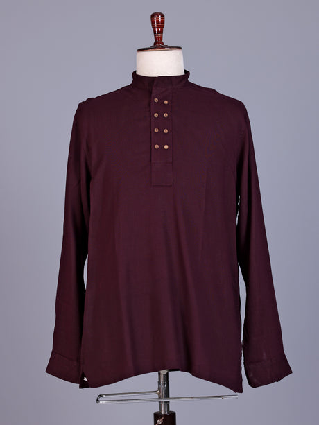 Wine linen silk mens short kurta with Chinese collar