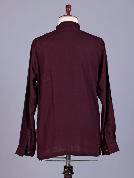 Wine linen silk mens short kurta with Chinese collar