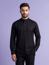 Black linen silk mens short kurta with Chinese collar