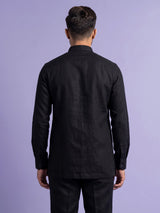 Black linen silk mens short kurta with Chinese collar