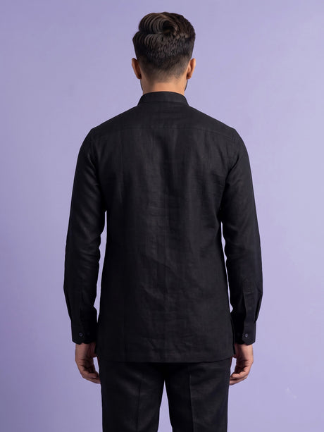 Black linen silk mens short kurta with Chinese collar