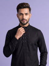 Black linen silk mens short kurta with Chinese collar