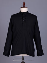 Black linen silk mens short kurta with Chinese collar