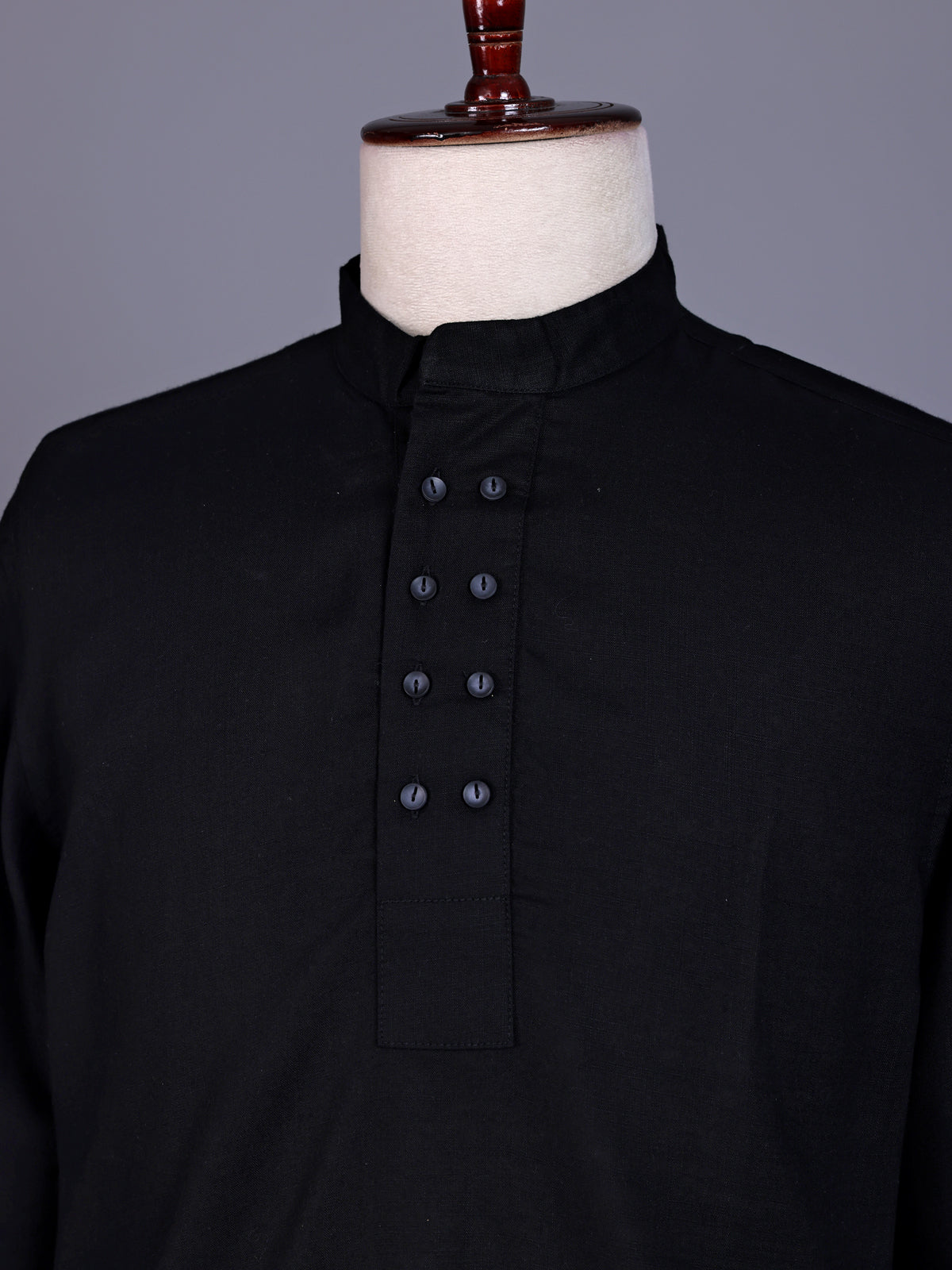 Black linen silk mens short kurta with Chinese collar