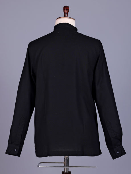 Black linen silk mens short kurta with Chinese collar