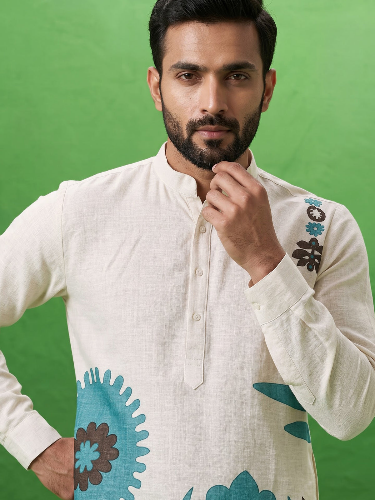 White cotton linen mens kurta with printed Chinese collar