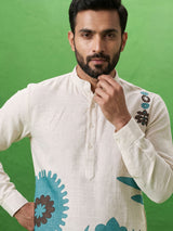White cotton linen mens kurta with printed Chinese collar