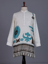 White cotton linen mens kurta with printed Chinese collar