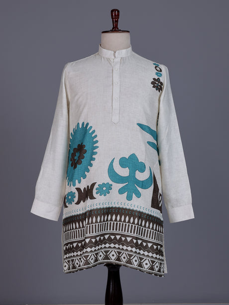 White cotton linen mens kurta with printed Chinese collar