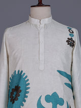 White cotton linen mens kurta with printed Chinese collar