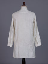White cotton linen mens kurta with printed Chinese collar