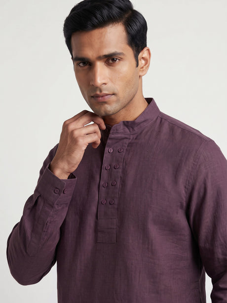 Lavender purple linen silk mens short kurta with Chinese collar
