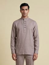 Beige linen silk mens short kurta with Chinese collar