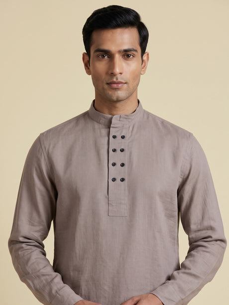Beige linen silk mens short kurta with Chinese collar