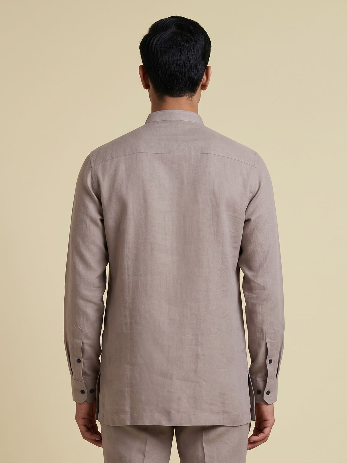 Beige linen silk mens short kurta with Chinese collar
