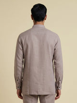 Beige linen silk mens short kurta with Chinese collar