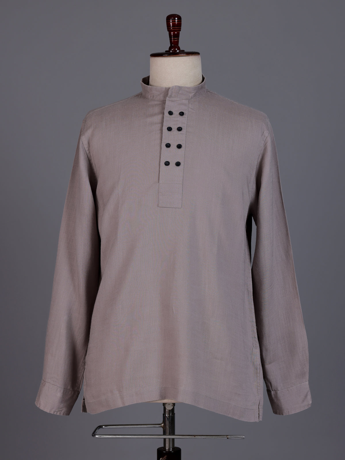Beige linen silk mens short kurta with Chinese collar