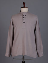 Beige linen silk mens short kurta with Chinese collar