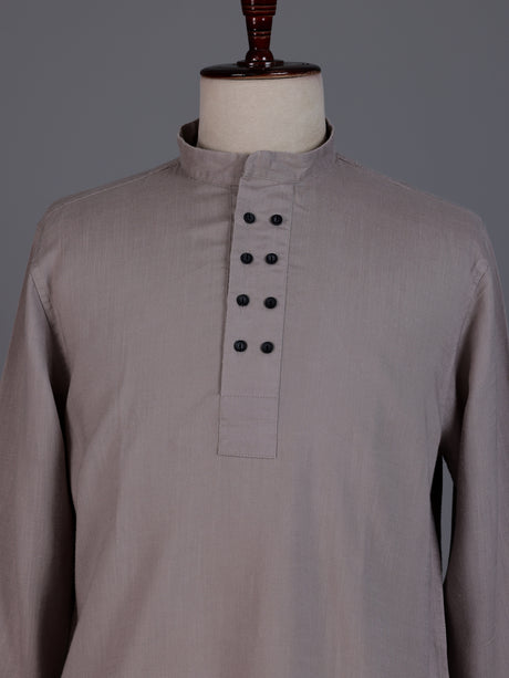 Beige linen silk mens short kurta with Chinese collar