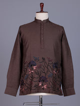 Brown linen mens short kurta with floral embroidery detailing