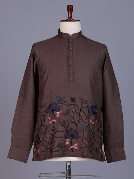 Brown linen mens short kurta with floral embroidery detailing