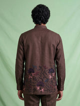 Brown linen mens short kurta with floral embroidery detailing