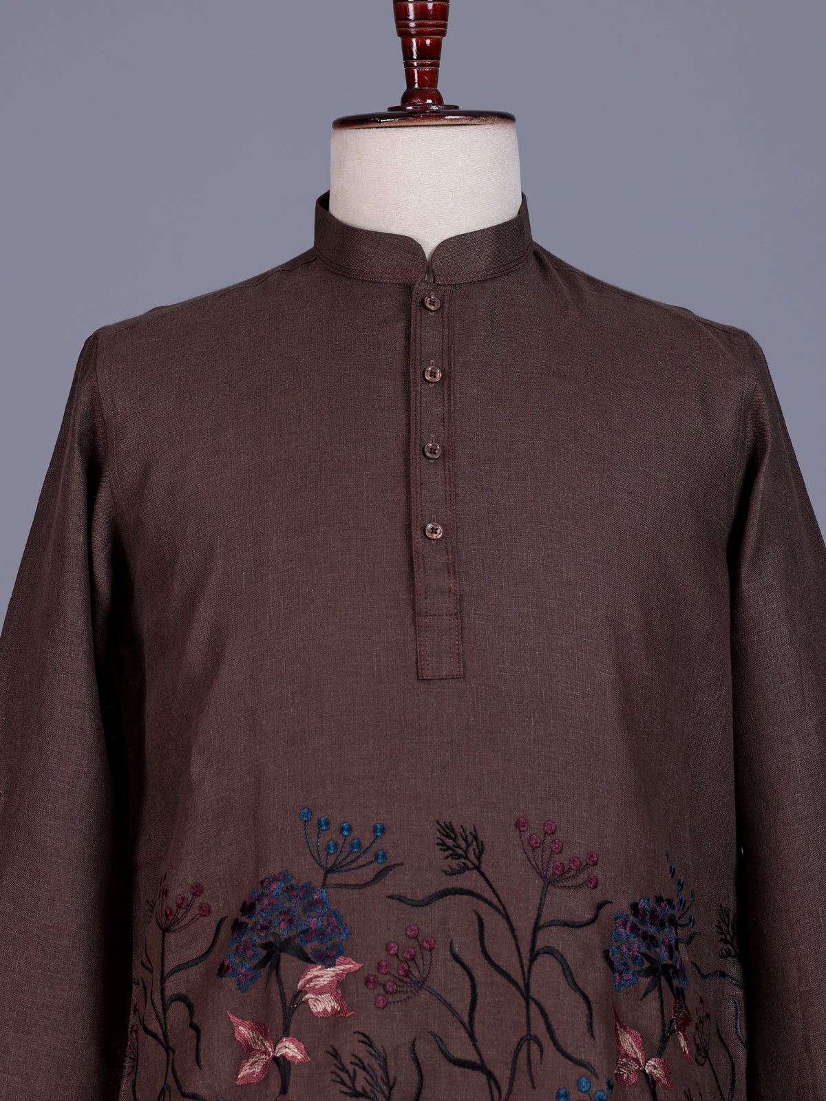 Brown linen mens short kurta with floral embroidery detailing