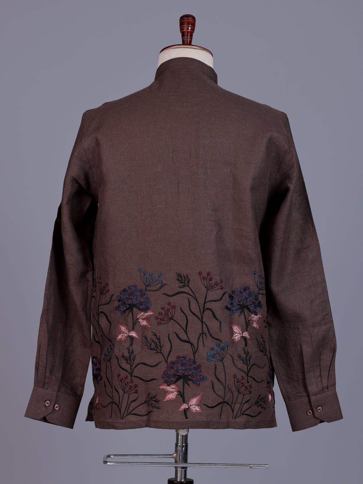 Brown linen mens short kurta with floral embroidery detailing