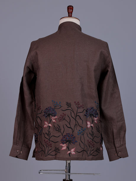 Brown linen mens short kurta with floral embroidery detailing