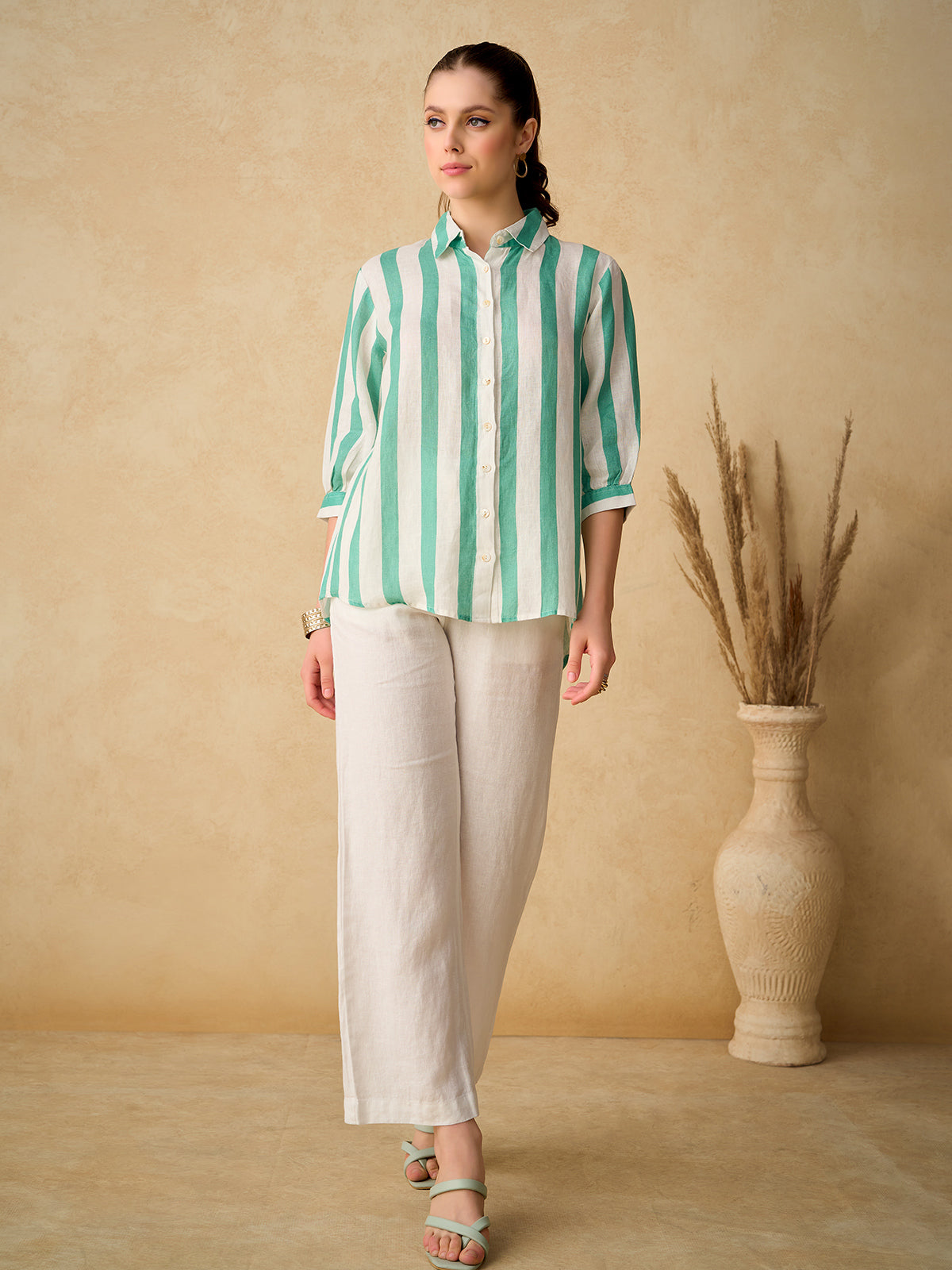 Green white relaxed fit women shirt