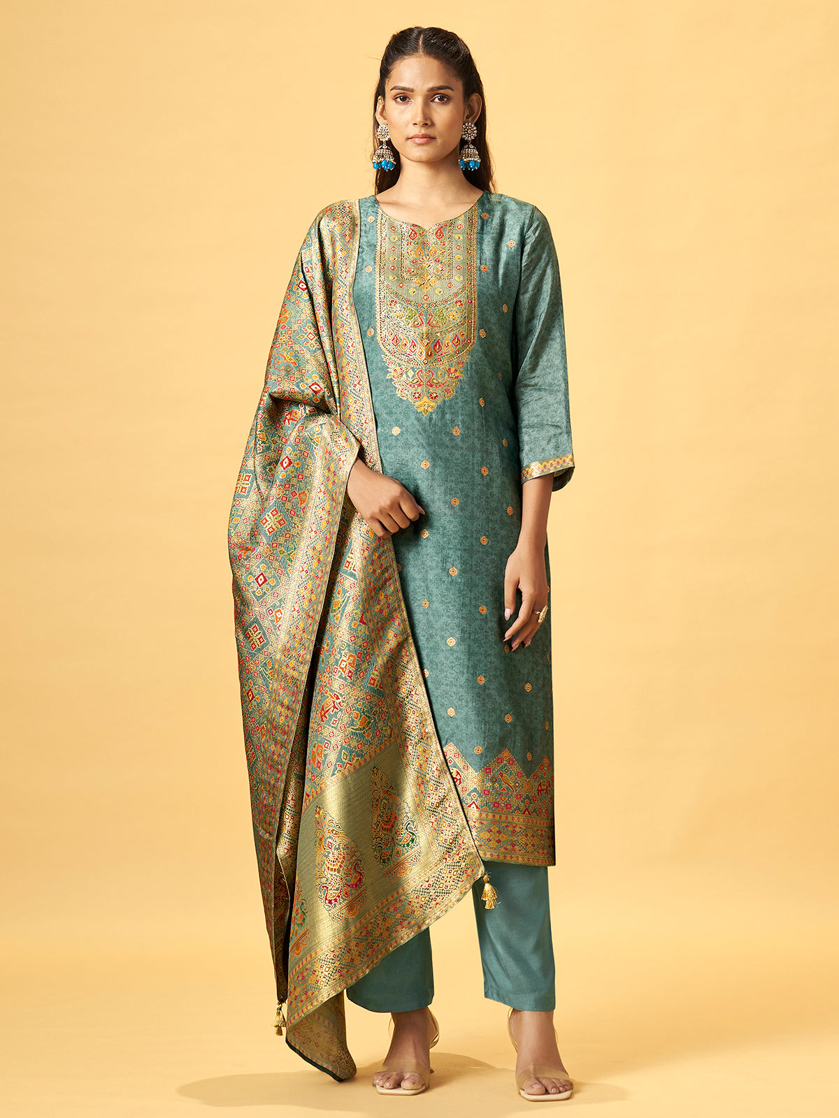 Sea green peacock embroidered women kurti set