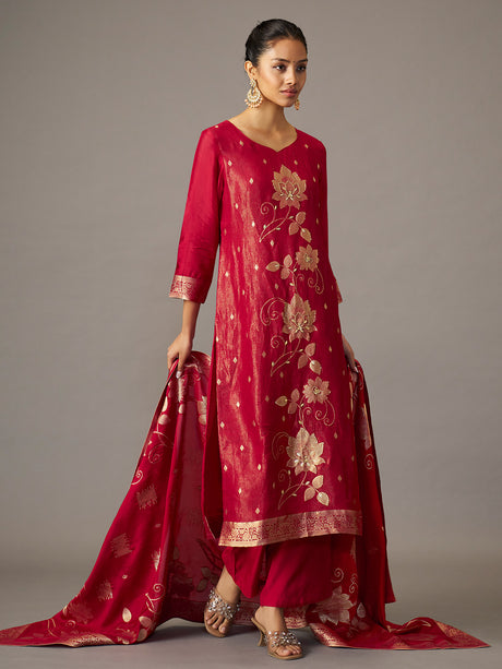 Crimson red floral festive women kurti set