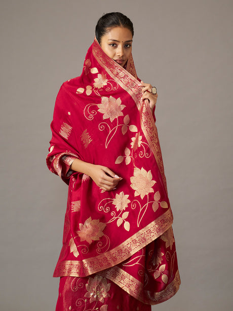 Crimson red floral festive women kurti set