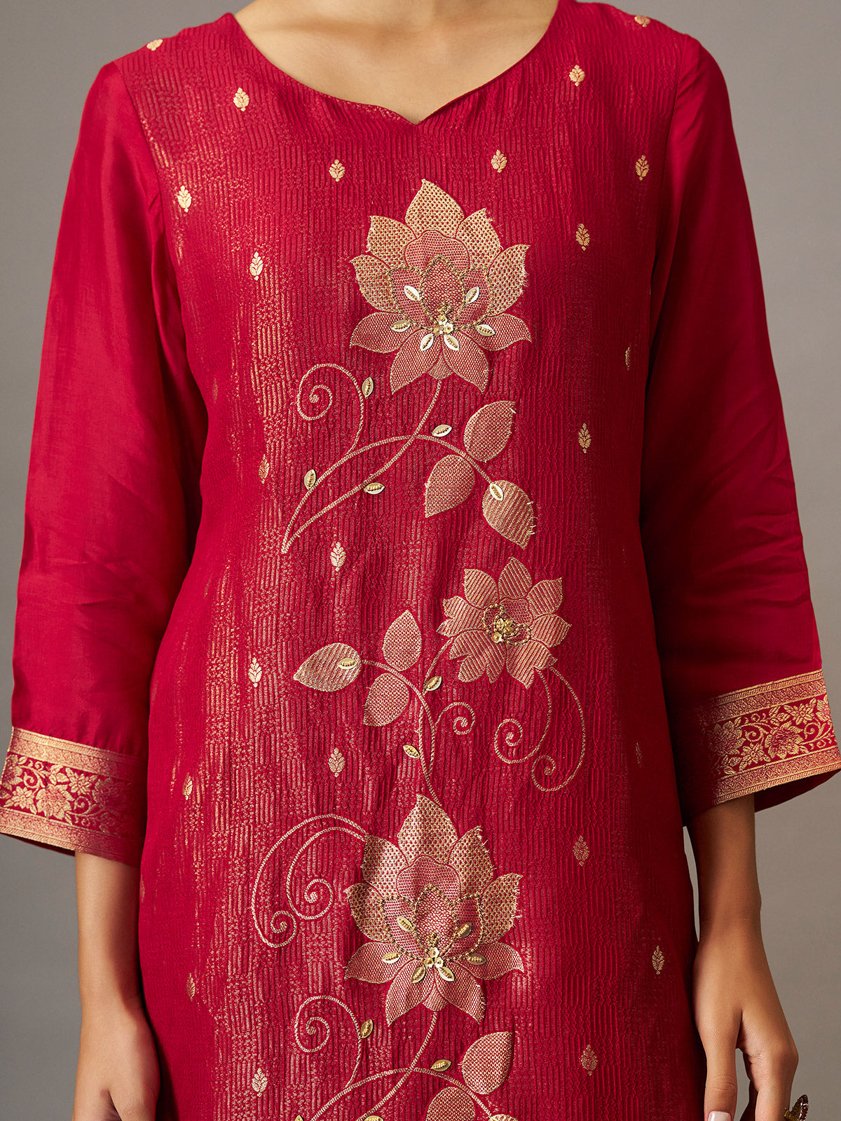 Crimson red floral festive women kurti set