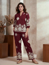 Maroon ethnic geometric women co-ord set