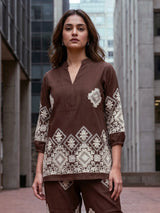 Brown folk geometric women co-ord set