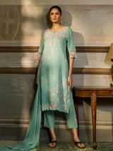 Sky blue floral threadwork women kurti set